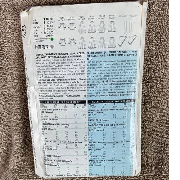 Butterick 4653 Sewing Pattern Misses Childrens Gypsy Costume Uncut - Picture 3 of 3